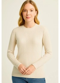 Resim Tua Moda Bisiklet Yuvarlak Yaka Triko Kazak Pamuklu Kalın Fitilli Dokuma, Regular Fit Uzun Kollu Kışlık Model - Bej Bej 