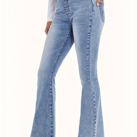 Resim Her Gün Rahatlık Kadınlar İçin Yüksek Bel Esnek Flare Kot Pantolon, Preppy Tarzı Denim Zil Altı Pantolonlar Elastik Bel Bandı ile, Açık Mavi, %65 Pamuk %35 Polyester Karışımı, Pürüzsüz Kumaş, Eğimli Cepler, İlkbahar/Sonbahar Günlük veya Yarı Resmi Giyim, Sonbahar Moda Pantolonları | Retro Zil Altı Pantolonlar | Esnek Denim 
