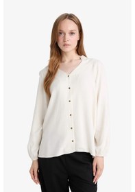 Resim Defacto Regular Fit Bisiklet Yaka Simli Kumaş Uzun Kollu Gömlek F0226ax25auer105 Ekru 