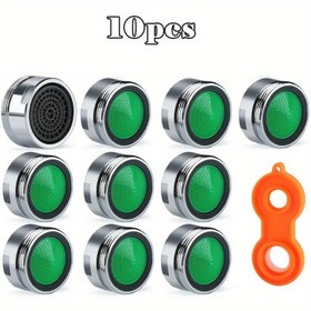 Resim 10 adet Sıçramasız Musluk Havalandırıcıları ve Değiştirilebilir Filtreler, M24 24mm - Krom Kaplama, Yeşil Vurgu, Gürültü Azaltıcı & Su Tasarruflu, Banyo Muslukları için Kolay Kurulum Kiti Dahil 