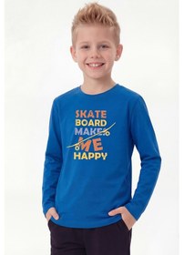 Resim Panios Kids Yuvarlak Yaka Uzun Kollu Baskı Detaylı Erkek Çocuk Sweatshirt Mavi 