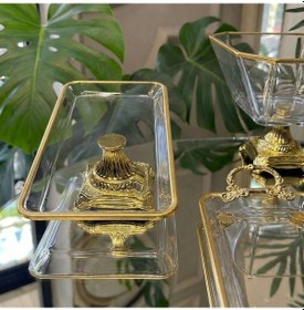 Resim Gold Detaylı Cam 5 Parça Kahve Sunum Seti Lokumluk, Çikolatalık, Sunumluk Söz Nişan Altın 