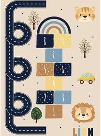 Resim Dijital Baskılı Dekoratif Kaymaz Taban Yıkanabilir Hayvanlı Seksek Temalı Modern Çocuk Halısı Krem 