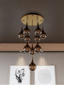 Resim Galaxy Modern 10'lu Sarkıt Eskitme Metal Avize - Bal Rengi Cam, E 1 Adet 