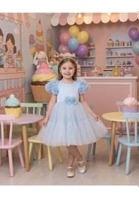 Resim Miss Liva Kız Çocuk Çiçek Detaylı Kat Kat Tül Abiye Elbise Bebe Mavi 2-6 Yaş Bebe Mavi 