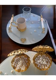 Resim Beloved Gold Beyaz İncili Söz Tepsisi Nişan Tepsisi Ve Damat Kahve Fincan Tepsisi Gri Gri 