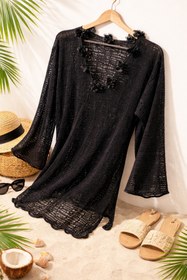 Resim CARSİA Collection Siyah Ajurlu Dantelli Oversize Plaj ve Şık Özel Gün Elbisesi 