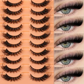 Resim 8D Hacimli Kabarık Sahte Kirpikler - Yeniden Kullanılabilir Yumuşak Kıvırcık Rus Şerit Kirpik Uzatmaları, Kalın & Uzun (10-15mm), Dramatik Makyaj Görünümleri için Doğal Siyah 