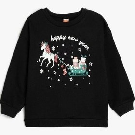 Resim Kotonkız Bebek Sweatshirt Yılbaşı Baskılı Uzun Kollu Bisiklet Yaka Pamuklu Şardonlu Siyah 