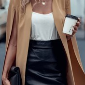 Resim Kadınlar için Şık Pelerin Kollu Blazer Ceket - Düz Renk H-Silüet Açık Ön Tasarım, Ofis İçin Çok Yönlü Her Mevsim Giyimi, Profesyonel ve Günlük Kullanım, Kaliteli Kumaş, Minimalist Tarz, Sadece Kuru Temizleme, Çalışan Kadınlar 