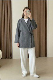 Resim MODAQU Yandan İp Bağlamalı Kaşe Kimono - Füme 