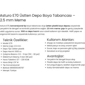 Resim Üstten Depolu Mekanik Boya Tabancası, Pvc Sap, Alüminyum Gövde, 1000 Cc, 2.5 Mm, Asturo E70 