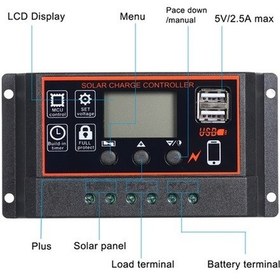 Resim Pazly 30a 12v/24v Güneş Şarj Kontrol Cihazı, Pwm Akıllı Regülatör, Usb 5v 2.5a Destekli 