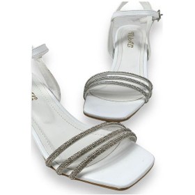 Resim Kadın Tels Beyaz Alçak Şeffaf Topuk 3 Biyeli Taşlı Sandalet 5 Cm 213 001 