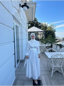 Resim KADNER Lia Beyaz Önü Büzgülü Şanel Saten Kumaş Lüks Tesettür Abiye Elbise 