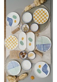 Resim Kevin Seramik Modern Hand Made 14 Parça 6 Kişilik Lüxs Kahvaltılık Sunum Tabağı Beyaz - Yeşil 