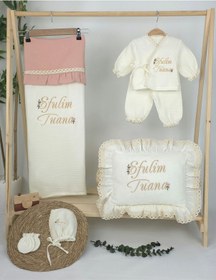 Resim Gros Shop Müslin Yeni Doğan 4katlı Organik %100pamuk Kişiye Özgü Nakışlı Hastane Çıkış Seti Papatya Model-6 Ekru-1 