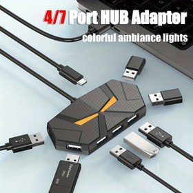 Resim 1 adet 4-Port/7-Port Renkli Atmosfer Işığı USB Docking İstasyonu Yüksek Hızlı Bölücü Genişletici Dizüstü Bilgisayar Aksesuarları Veri Aktarımı Hızlı ve Kararlı Dahili Renkli Işık Modu Serin Gradyan Işık 