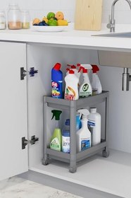 Resim 2 Katlı Tekerlekli Düzenleyici Raf Mutfak Tezgah & Evye Altı Dolap İçi Organizer, Banyo Deterjanlık ve Şampuanlık, Çok Amaçlı Taşınabilir Sebzelik, Modern Dekoratif Mutfak Raf Ünitesi (GRİ) 