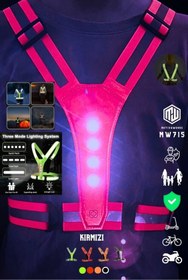 Resim Motiva Reflektif Işıklı Yelek Kırmızı Fosforlu Neon Bisiklet, Motosiklet,Scooter Gece İkaz Uyarı Yeleği 