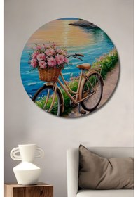 Resim Bisikletli Tatil Manzarası Sulu Boya Görünümlü Ahşap Tablo Yuvarlak Duvar Tablosu 9864 - 20 X 20 