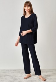 Resim Viskon emzirme detaylı lohusa pijama takımı - LACİVERT / L 
