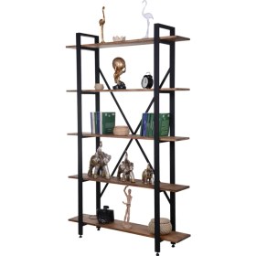 Resim Ats Dekor Dekoratif Çam 5 Katlı Metal Iskeletli Kitaplık ve Dosya Rafı. 