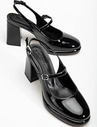 Resim Kadın Abiye Platform Topuklu Ayakkabı Siyah Rugan Yuvarlak Burun 