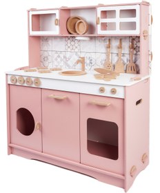 Resim HOBBY HOUSE Fayans Desenli Pembe Ahşap Oyuncak Çocuk Mutfak 9 Parça Servis Seti Ve Led Hediyeli 