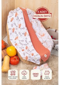 Resim Luckka Dijital Baskılı 3'lü Müslin Örtü Seti - 75x75 Cm - Zt5000 Turuncu Turuncu 