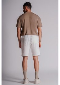 Resim Erkek Yandan Cepli Beli Lastikli Dokulu Kumaş Relaxed Fit Jogger Şort Ekru Ekru 