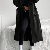 Resim Kadınlar İçin Tek Renk Uzun Kemerli ve Ön Düğmeli Mont, Zarif Bayanlar İçin Oymalık Ceketler, Şık Çapraz Yaka Palto, Ofis Giyimi Klasik Üstgiysi, Şeffaf Malzeme Esnek Olmayan, Şık Kapşonlu Paltolar 