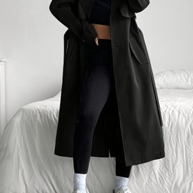 Resim Kadınlar İçin Tek Renk Uzun Kemerli ve Ön Düğmeli Mont, Zarif Bayanlar İçin Oymalık Ceketler, Şık Çapraz Yaka Palto, Ofis Giyimi Klasik Üstgiysi, Şeffaf Malzeme Esnek Olmayan, Şık Kapşonlu Paltolar 