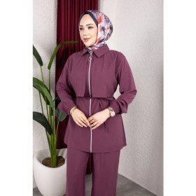 Resim Weak Blue Kadın Tesettür Takım Çift Kat Görünümlü Fermuarlı Tunik Bol Paça Pantolon Moda Kumaş Ikili Takım 