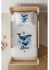 Resim %100 Pamuk Saten İsme Özel İsimli 100x200 Tek Kişilik Lastikli Çarşaf Seti Balina Beyaz 