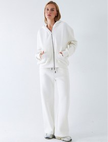 Resim Kadın Oversize Eşofman Takımı Zip Beyaz - Fermuarlı, Kapüşonlu, Bol Paça, 3 İplik Şardonlu Polar - XL / BEYAZ 
