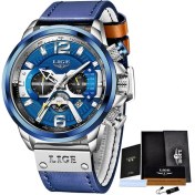 Resim Hanyang L Gümüş Mavi Lıge Yeni Saatler Erkek Üst Marka Lüks Spor Izle Erkekler Moda Erkekler Için Otomatik Takvim Deri Kol Saati Mavi Erkek Saat (Yurt Dışından) 