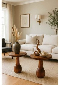 Resim Meşe Renk Masif Ahşap Yan Sehpa Seti 2 Li Şık Zigon Ve Fiskos Takımı Kahverengi 