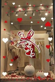 Resim Birbirine Bağlı Kalpler Sevgililer Günü Cam Vitrin Sticker, Kırmızı ve Beyaz, Kendinden Yapışkanlı Vitrin Duvar Dekorasyonu 