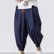 Resim Yeni Erkek Keten Fener Pantolon Geniş Paça Pamuk Karışımı İpli Bol Kesim Trend Oversize Flare Kot Pantolon 