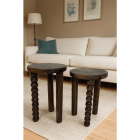 Resim Ceviz Renk 2li Doğal Masif Ahşap Yan Sehpa Zigon Fiskos Seti 