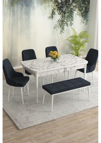 Resim Meri Serisi 80x132 Açılabilir Mdf Beyaz Mermer Desen Masa Takımı 4 Lacivert Sandalye 1 Bench Antrasit 
