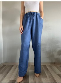 Resim Hazel Kadın Mavi Keten Karışımlı Bol Kesim Pantolon-mavi Mavi 