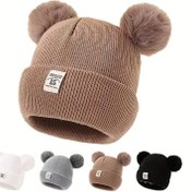 Resim Sevimli Ayı Kulaklı ve Ponponlu Kışlık Örgü Bere - Kızlar & Erkekler için Esnek Nefes Alabilir Sıcak Beanie, Noel Hediyesi, Beyaz, Şık Bebek Giysisi, Karikatür Tarzı Rahat Stil 