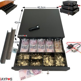 Resim SAYPOS 5 Geniş Kağıt Para Gözlü Montaj Askılı Pos Bağlantılı Anahtardan Açılır Para Çekmecesi 40,5x42x11cm 