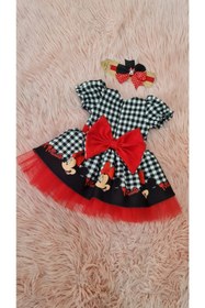 Resim NA ADDESIGN Kareli Mickey Mouse Baskılı Kırmızı Tüllü Kabarık Elbise 