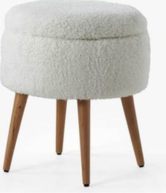 Resim Teddy Ahşap Ayaklı Sandıklı Yuvarlak Puf Makyaj Masası Pufu - Dekoratif Ayak Uzatma Pufu Krem 
