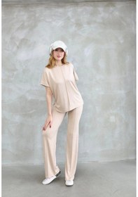 Resim Osy Modal Yumuşak Dokulu Kumaş Bisiklet Yaka Kısa Kollu Takım - Bej Bej 