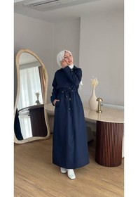 Resim Esra Butik78 Şık Kesim Astarlı Trençkot Kendi Kumaşından Kemerli Tesettür Model Lacivert 