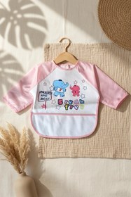 Resim BUUDE Kız Bebek Pembe Uzun Kollu Sıvı Geçirmez Mama Önlüğü - Cepli, Fil Desenli 6-24 Ay Aktivite Önlüğü 